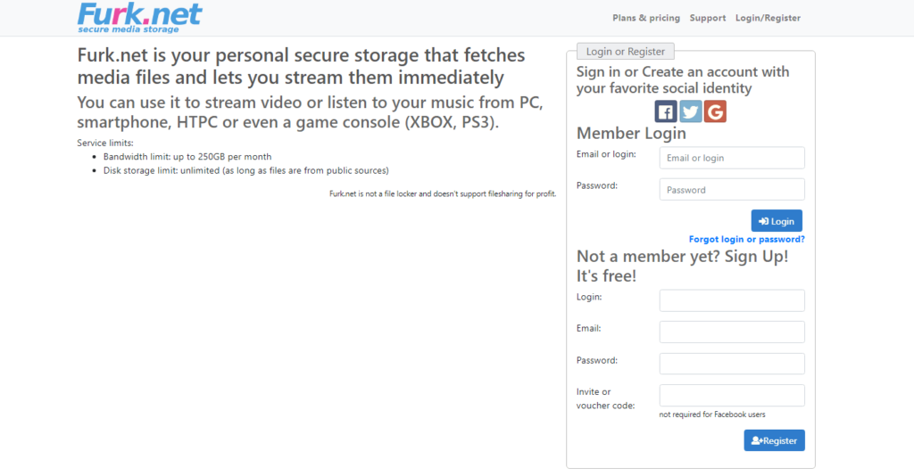 Landing page of Furk
