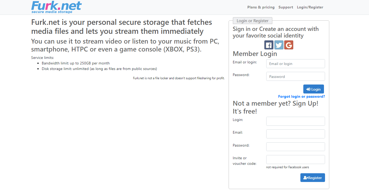 Landing page of Furk