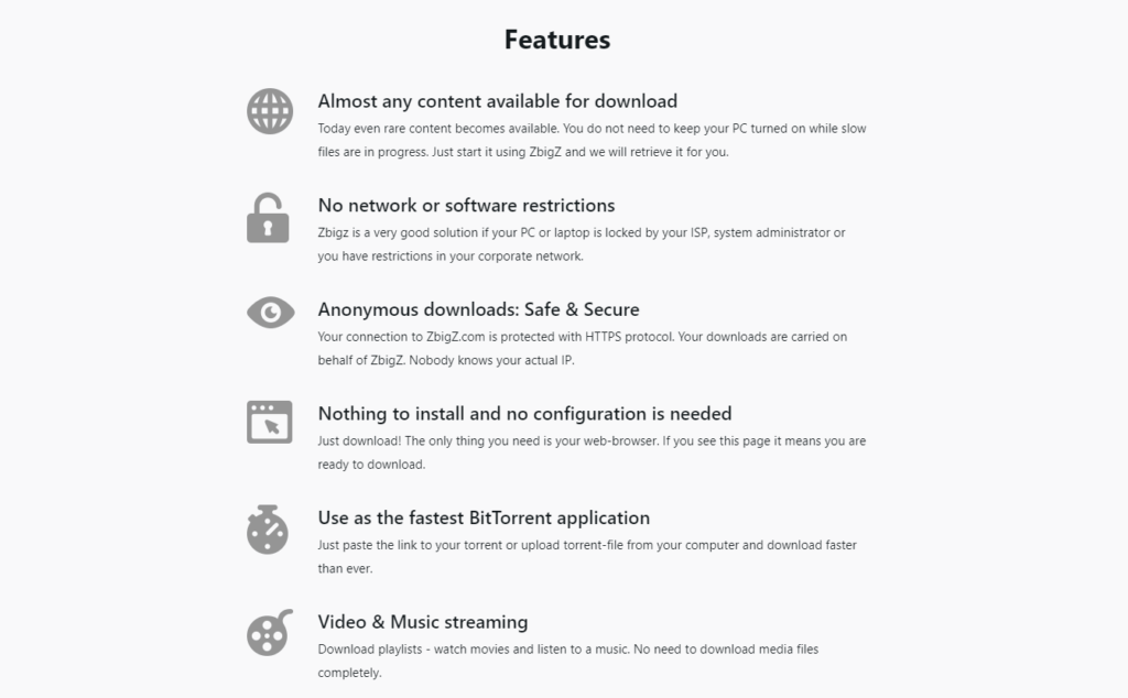 a list of Zbigz features